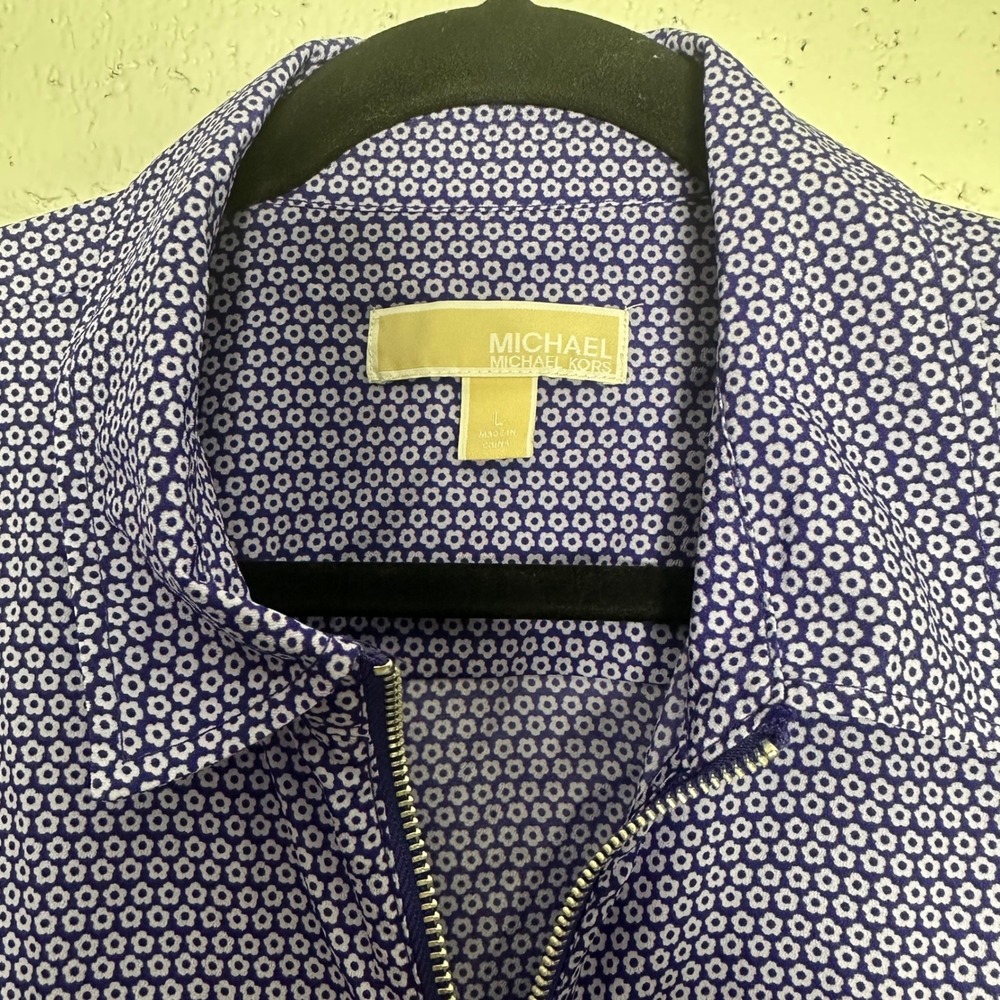Michael Kors Purple Floral Geometric Zip‎ Front Roll Tab Sleeve Blouse Large - Picture 3 of 6
